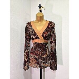 Vintage Y2K Fairy Grunge Faux Suede Trim Belted Babydoll Goblincore Boho Top Sm